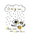 Spring Illustration with cloud, raindrops, flowers, ladybug and text. Spring phrase.